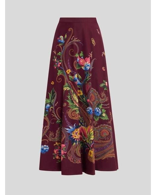 Etro Red Silk Maxi Skirt With Placed Floral Paisley Print