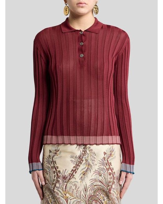 Etro Red Ribbed Polo Shirt With Pegaso Buttons