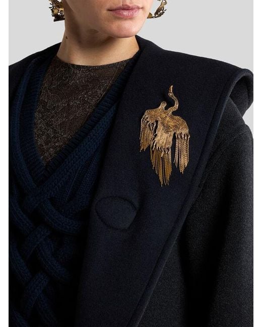 Etro Metallic Brass Phoenix Brooch With Fringing