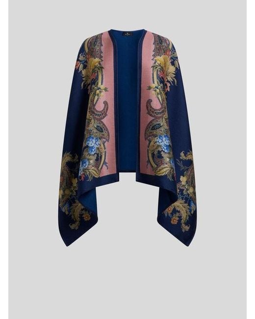 Etro Blue Wool Cape With Placed Floral Paisley Print