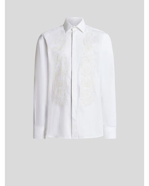 Etro White Cotton Shirt With Floral Paisley Embroidery for men