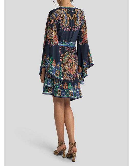Etro Blue Silk Mini Dress With Placed Floral Paisley Print And Belt