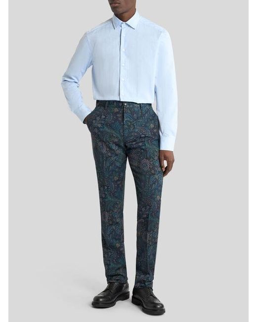 Etro Blue Tailored Wool Trousers With Floral Motif for men