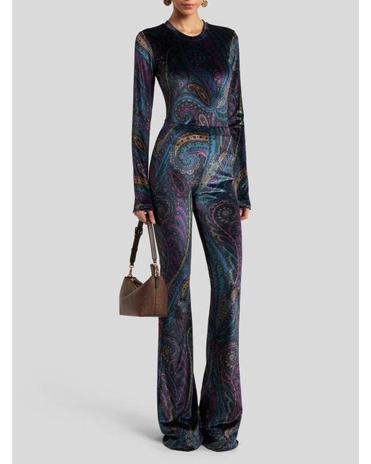 Etro Blue Flared Printed Chenille Trousers