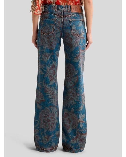 Etro Blue Flared Jeans With Floral Motif