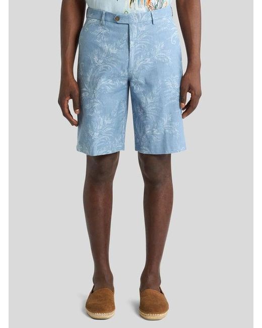 Etro Blue Regular-Fit Cotton And Linen Jacquard Denim Shorts With Leafy Motif for men