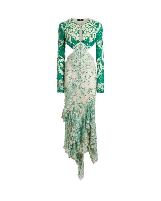 Etro Green Midi Dress With Sequin Embroidery