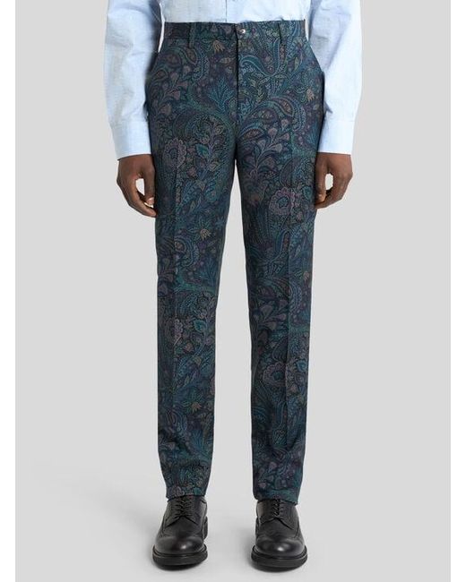 Etro Blue Tailored Wool Trousers With Floral Motif for men