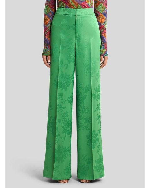 Etro Green Wide-Leg Jacquard Trousers With Floral Motif