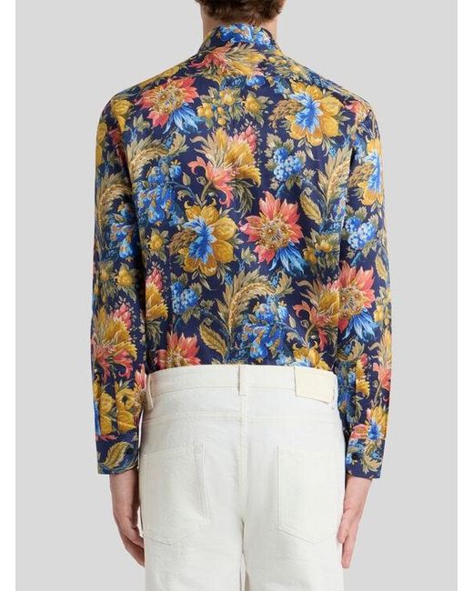 Etro Blue Cotton Satin Shirt With Floral Motif for men