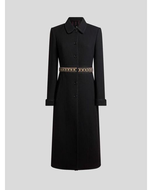 Etro Black Wool Coat With Jewel Embellishments