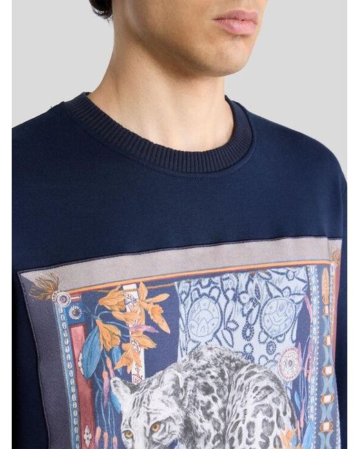 Etro Blue Cotton Sweatshirt With Placed Leopard Print for men