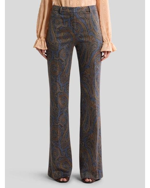 Etro Gray Fit-And-Flare Cotton-Blend Jacquard Trousers With Paisley Motif