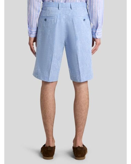 Etro Blue Striped Cotton Jacquard Shorts With Floral Paisley Motif for men