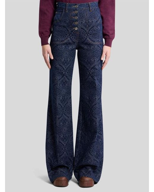 Etro Blue Flared Jacquard Denim Jeans With Pegaso Buttons