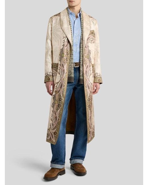 Etro Natural Silk Twill Robe Coat With Placed Pegaso Print And Paisley for men