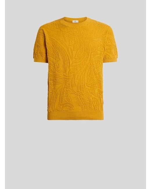 Etro Yellow Knit Cotton T-Shirt With Leafy Paisley Motif for men