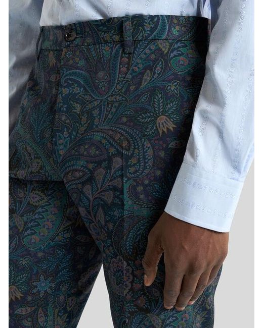 Etro Blue Tailored Wool Trousers With Floral Motif for men