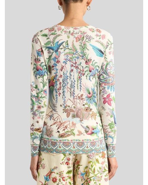 Etro White Silk And Cashmere Sweater With Flora And Fauna Motif