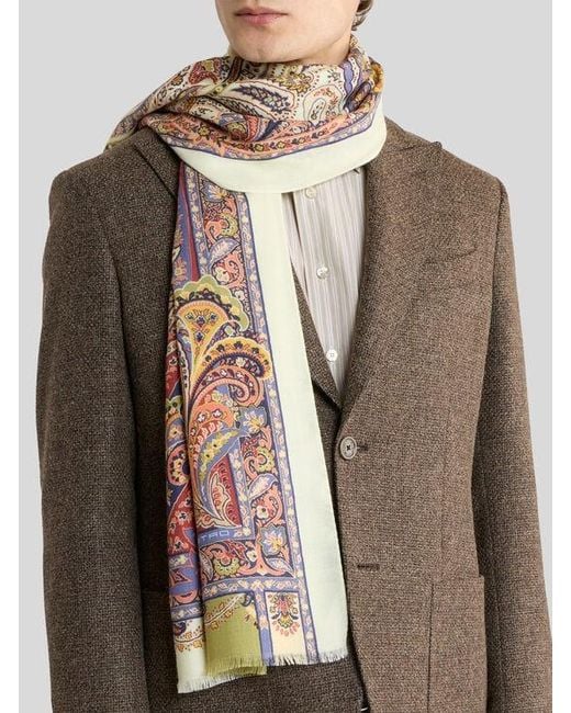 Etro Natural Cashmere And Silk Scarf With Paisley Print for men