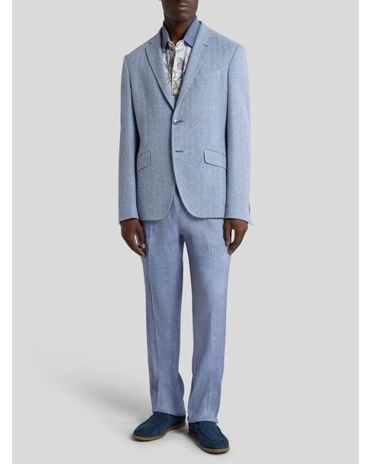 Etro Blue Single-Breasted Cotton And Linen Jersey Jacket With Chevron Motif for men