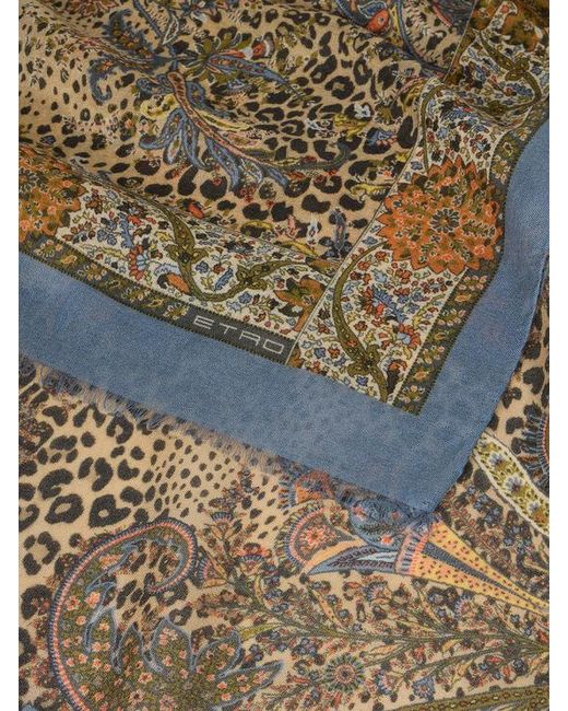Etro Natural Cashmere-Blend Scarf With Paisley And Animal Motif
