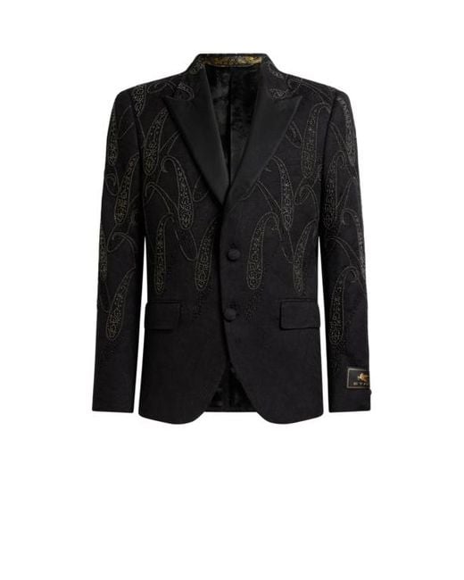 Etro Black Single-Breasted Stretch Cotton-Blend Jacquard Jacket With Paisley Embroidery for men