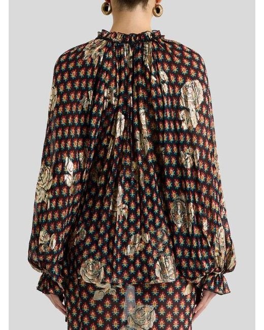 Etro Brown Silk Shirt With Fil Coupé Roses And Tie-Inspired Motif