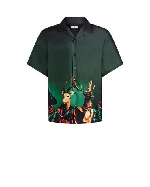 Etro Green Silk Bowling Shirt With Placed Animal Print for men