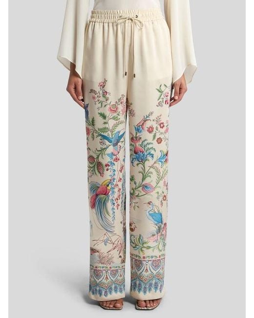 Etro White Wide-Leg Trousers With Placed Flora And Fauna Print