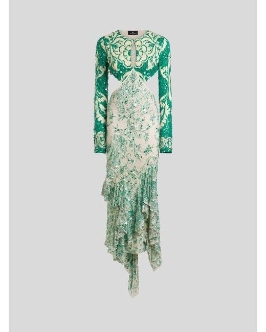 Etro Green Midi Dress With Sequin Embroidery