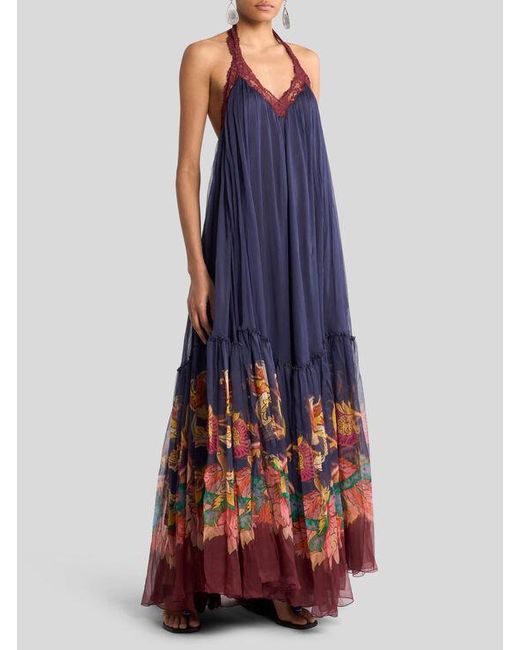 Etro Blue Boho Dress With Open Back And Flounce