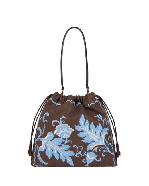 Etro Blue Medium Linen-Blend Kalispera Bag With Embroidery