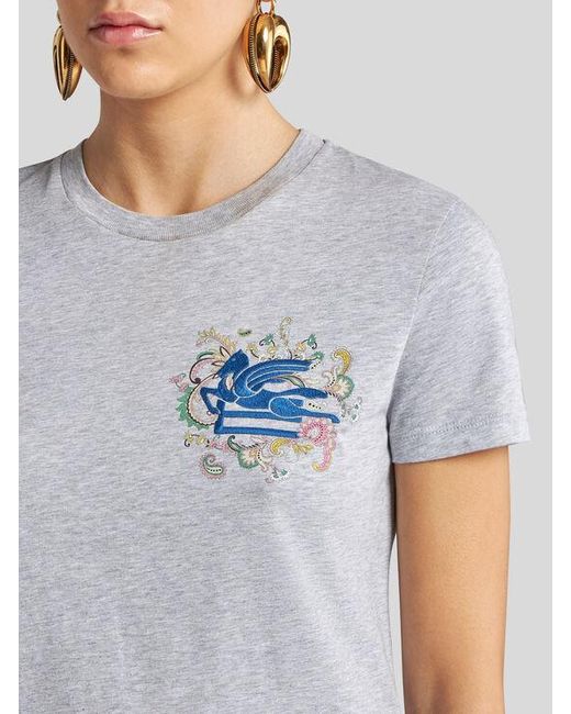 Etro Gray T-Shirt With Embroidered Pegaso And Monogram
