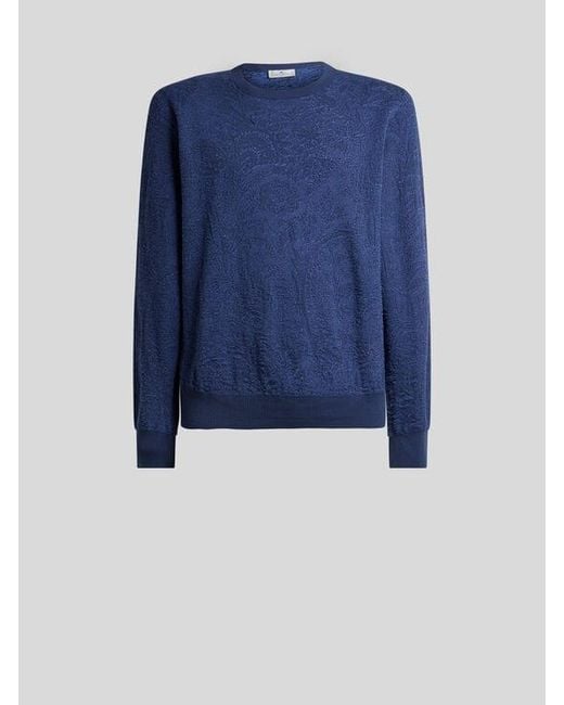 Etro Blue Cotton Sweater With Floral Paisley Motif for men