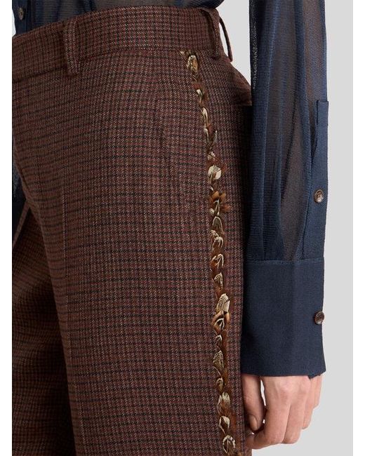 Etro Brown Straight-Leg Wool Trousers With Pheasant Feathers And Micro Houndstooth Motif