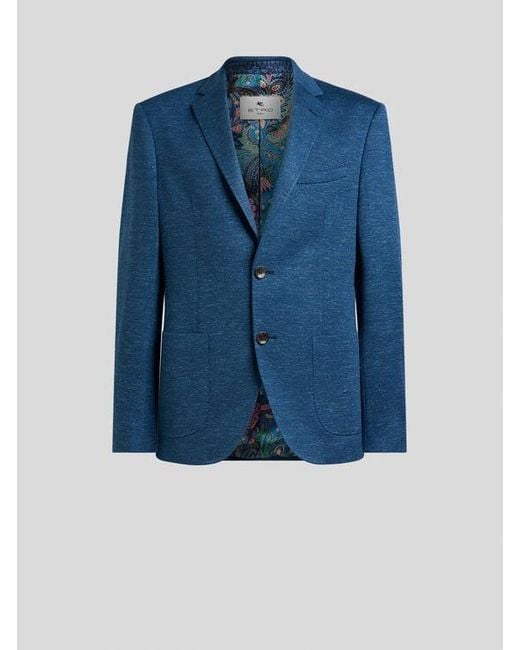 Etro Blue Single-Breasted Jaspé Wool-Blend Jersey Jacket for men