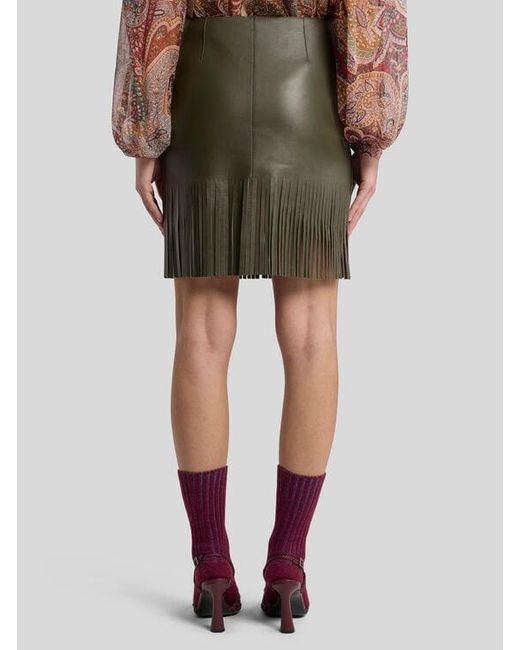 Etro Green Leather Skirt With Fringing