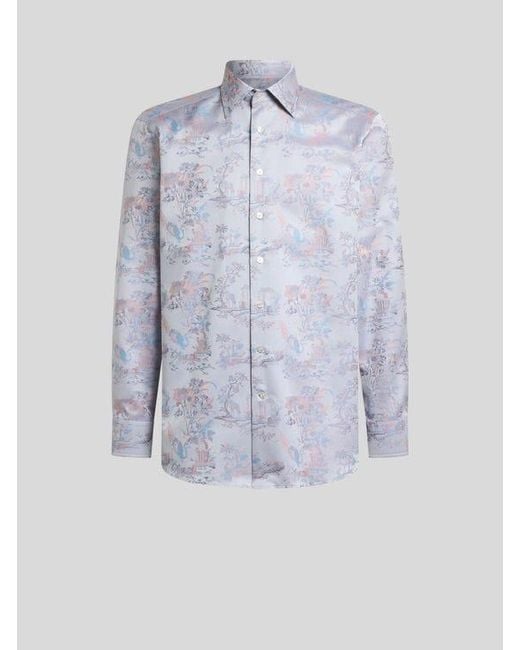 Etro Blue Cotton Jacquard Shirt With Flower And Animal Motif for men