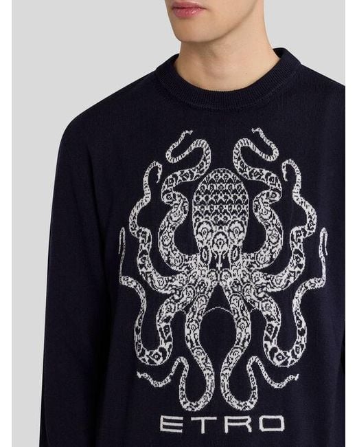 Etro Blue Wool Jumper With Octopus And Logo for men