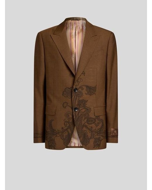 Etro Brown Single-Breasted Jacket With Placed Motif for men