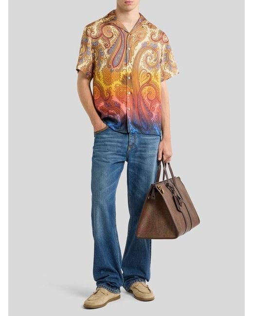 Etro White Silk Bowling Shirt With Placed Degradé Paisley Print for men