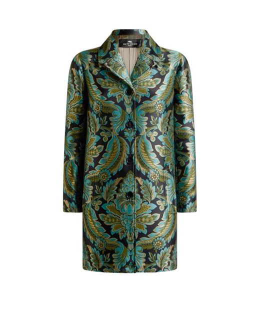 Etro Green Coat With Flower And Bee Jacquard Motif