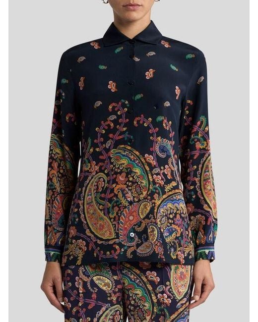 Etro Blue Silk Shirt With Placed Floral Paisley Print