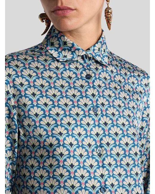 Etro Blue Twill Shirt With Micro Palm Motif