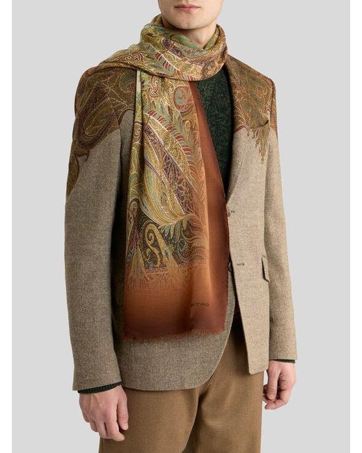 Etro Brown Wool Scarf With Faded Print And Paisley Motif for men