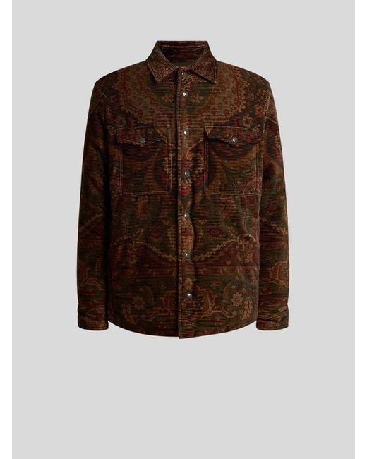 Etro Brown Padded Cotton Corduroy Shacket With Placed Floral Medallion Print for men
