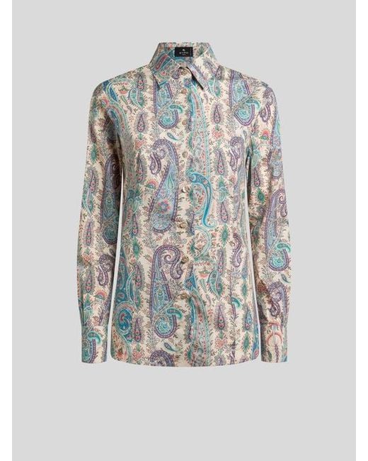 Etro Gray Stretch Cotton Shirt With Leafy Paisley Motif