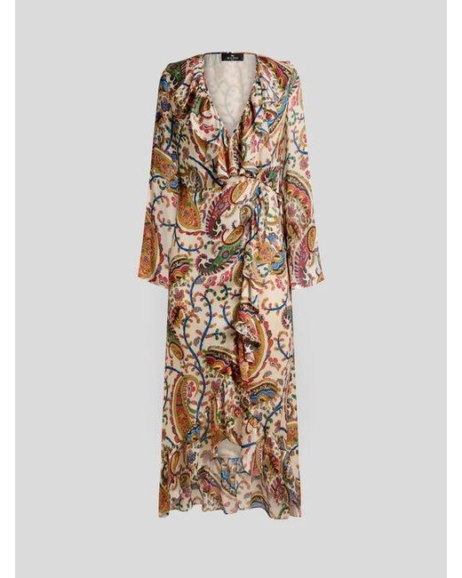 Etro Natural Peau D'Ange Silk Long Wrap Dress With Floral Paisley Motif