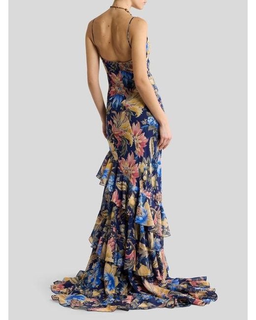 Etro White Long Seersucker Dress With Ruffles And Floral Motif